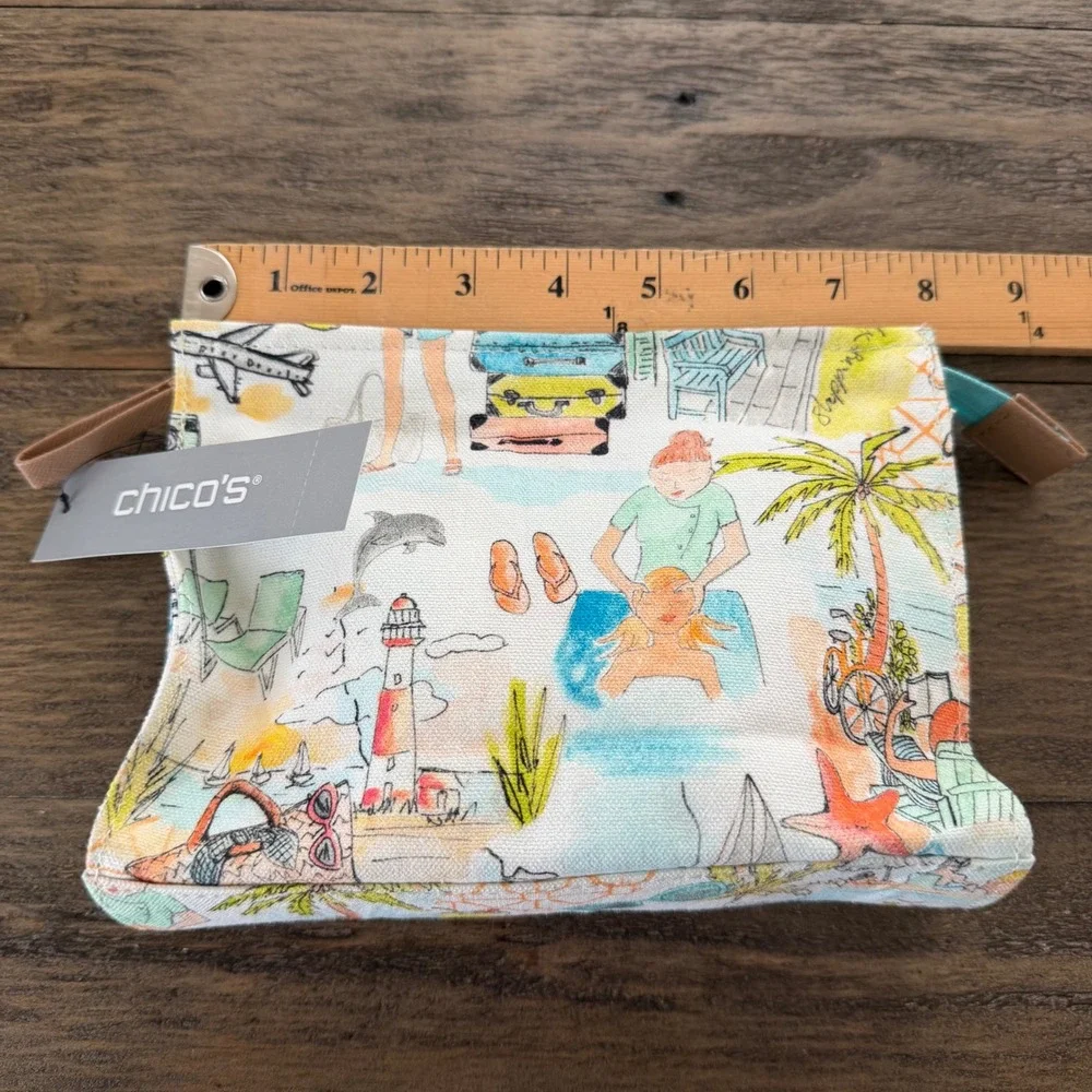 NWT Chicos Sanibel Print Pouch Aria Aqua Vacation Beach Zip‎ Top Bag 570325445